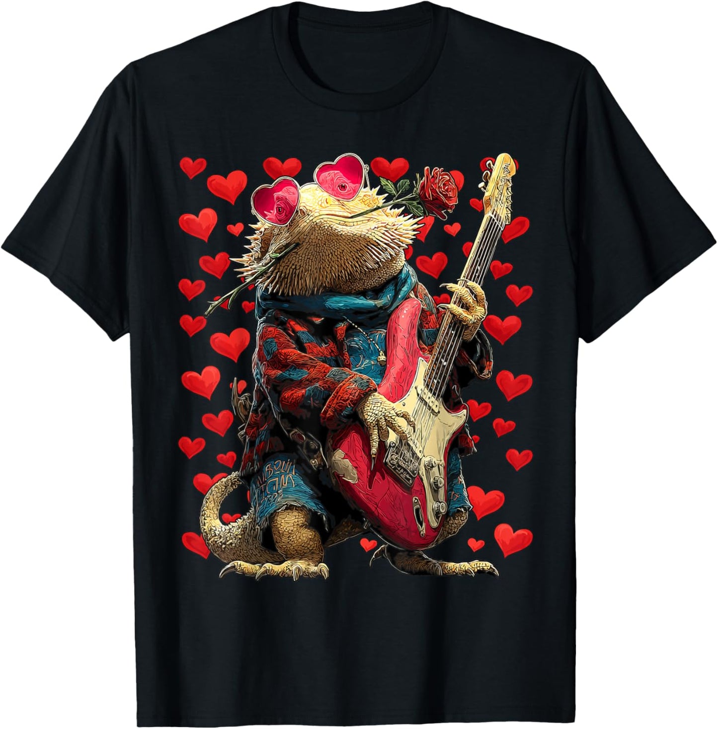 Guitarist Bearded Dragon Playing Guitar Valentine’s Day T-Shirt - T-Shirt | Black
