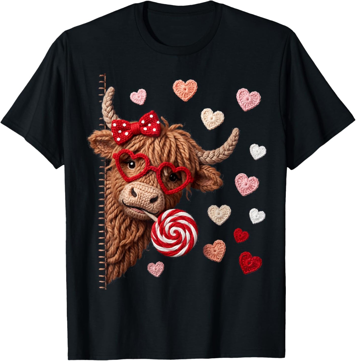 Cute Highland Cow Heifer Hearts Valentine T-Shirt - T-Shirt | Black