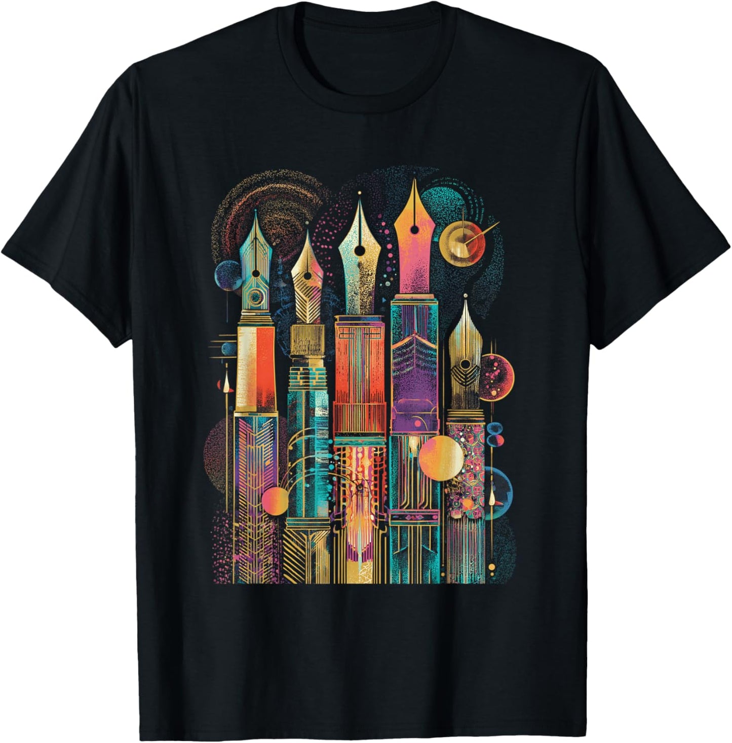 Art Deco Fountain Pen Skyline with Retro Abstract Geometry T-Shirt - T-Shirt | Black