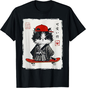 Samurai Cat Skateboard Kawaii Men Women Kids Funny Japanese T-Shirt - T-Shirt | Black