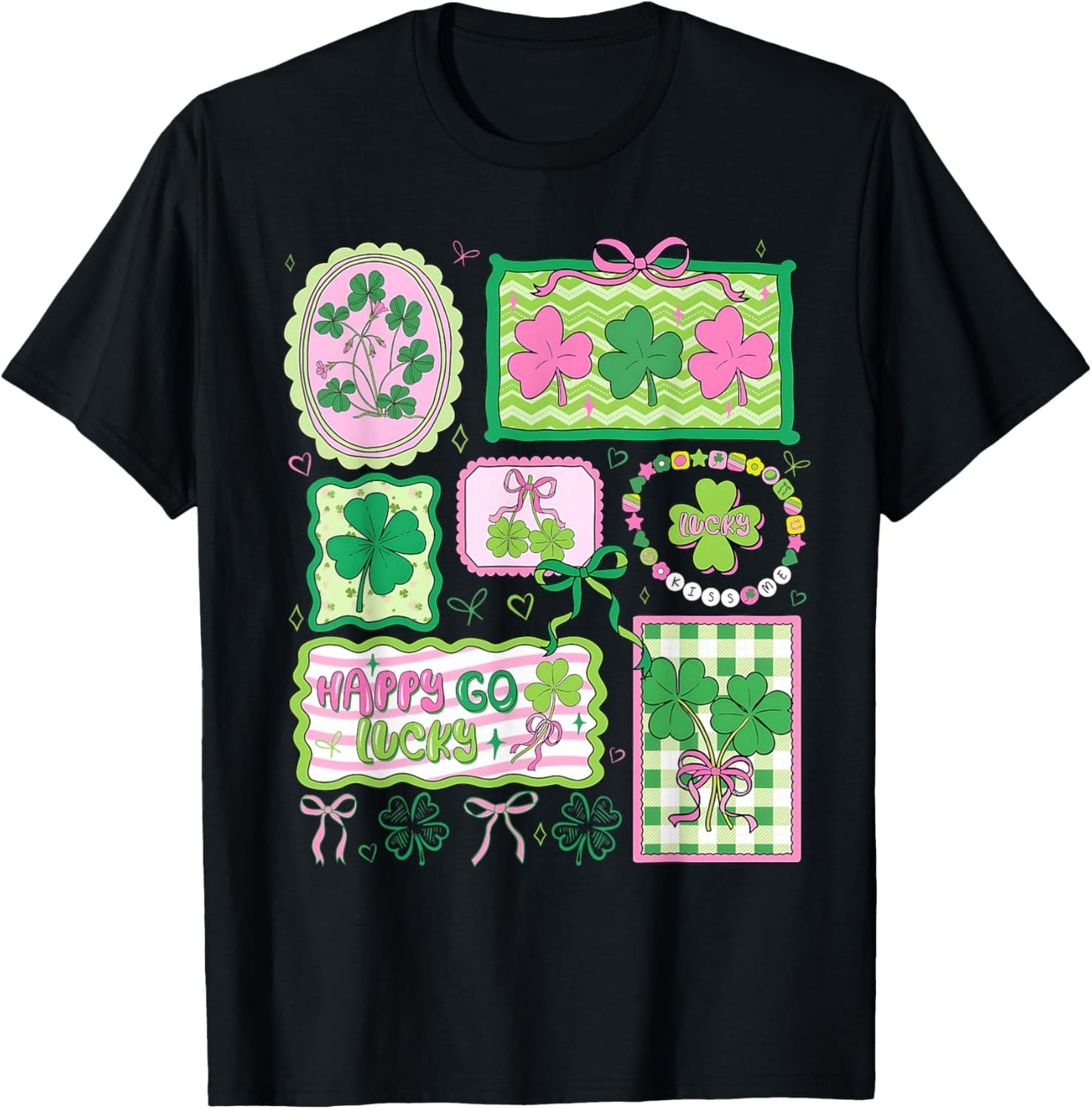 Preppy St Patricks Day Happy Go Lucky Shamrock Bow Men Women T-Shirt - T-Shirt | Black