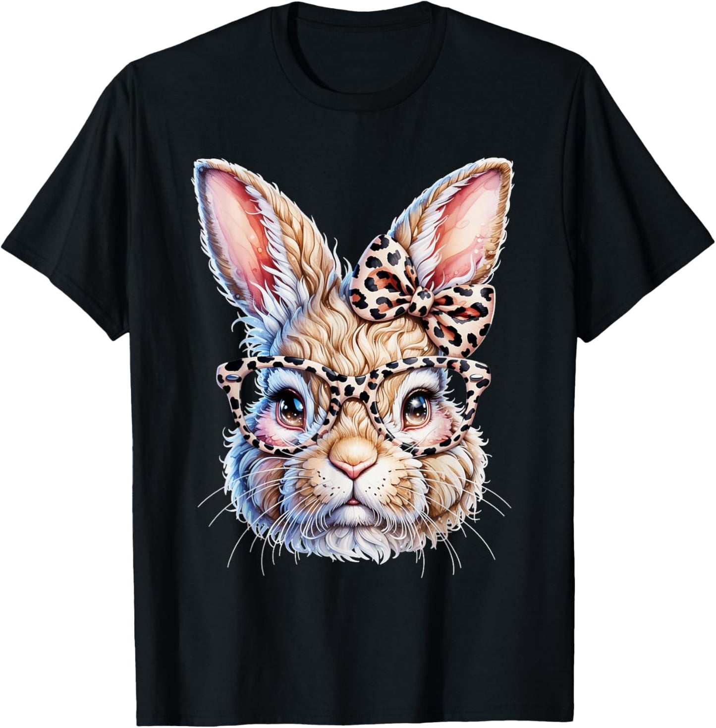 Easter Bunny with Leopard Bow and Glasses T-Shirt - T-Shirt | Black