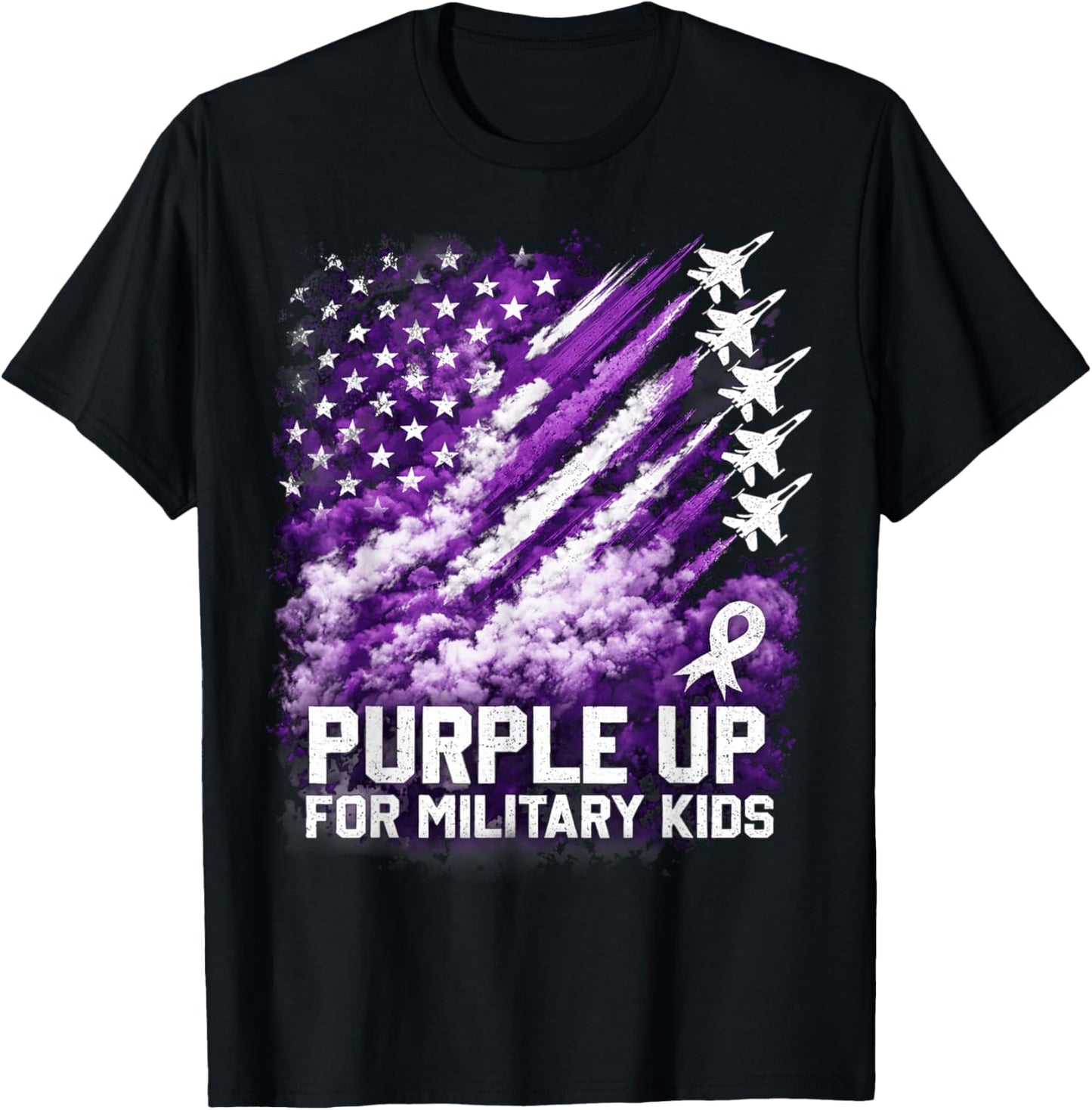 Purple Up Military Kids April Awareness USA Flag T-Shirt - T-Shirt | Black