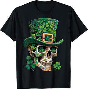 St Patrick Sugar Skull Day of The Dead Lucky Shamrock T-Shirt - T-Shirt | Black