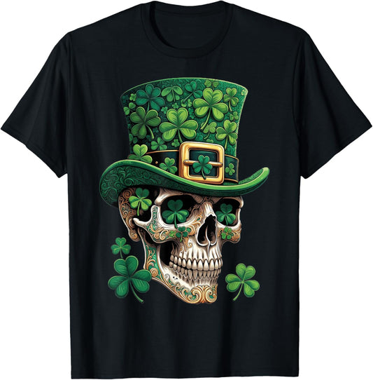St Patrick Sugar Skull Day of The Dead Lucky Shamrock T-Shirt - T-Shirt | Black