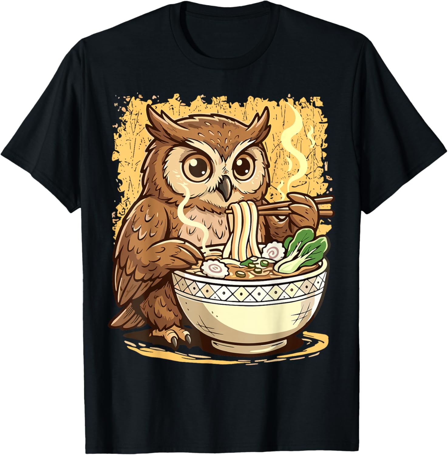Owl Eating Japanese Ramen Noodles T-Shirt - T-Shirt | Black