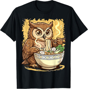 Owl Eating Japanese Ramen Noodles T-Shirt - T-Shirt | Black