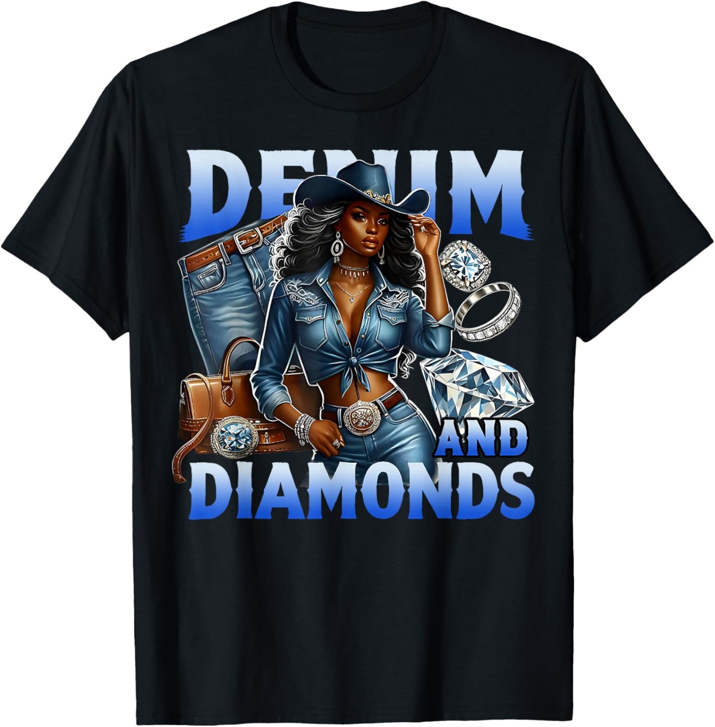 Denim and Diamonds Country Western Bachelorette Girl's Party T-Shirt - T-Shirt | Black