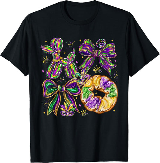 Coquette Bow King Cake Balloon Dog Fleur De Lis Mardi Gras T-Shirt - T-Shirt | Black