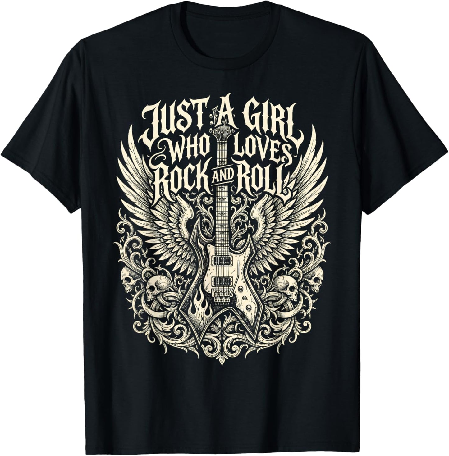 Rock Band Just a Girl Who Loves Rock and Roll Guitar T-Shirt - T-Shirt | Black