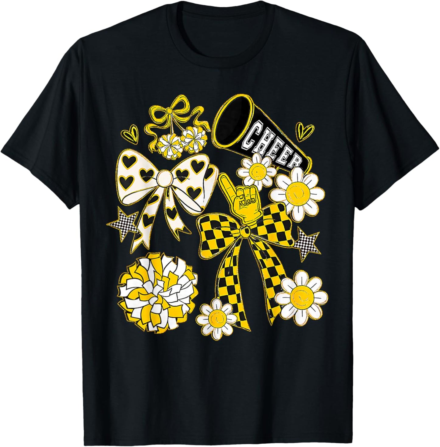 Coquette Bow Football Gold Black Game Cheer Mom Touchdown T-Shirt - T-Shirt | Black