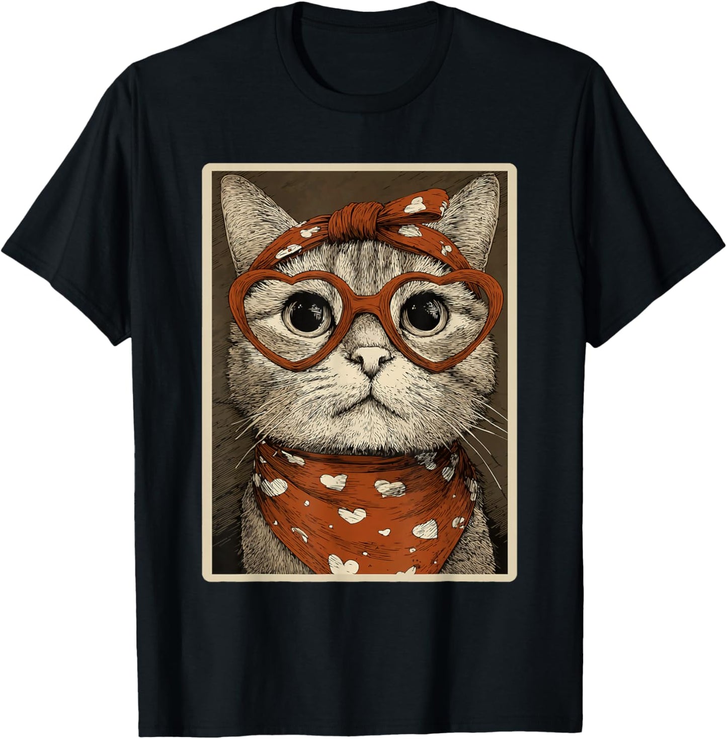 Cute Tabby Cat with Hearts Glasses Valentines Kitty Coquette T-Shirt - T-Shirt | Black