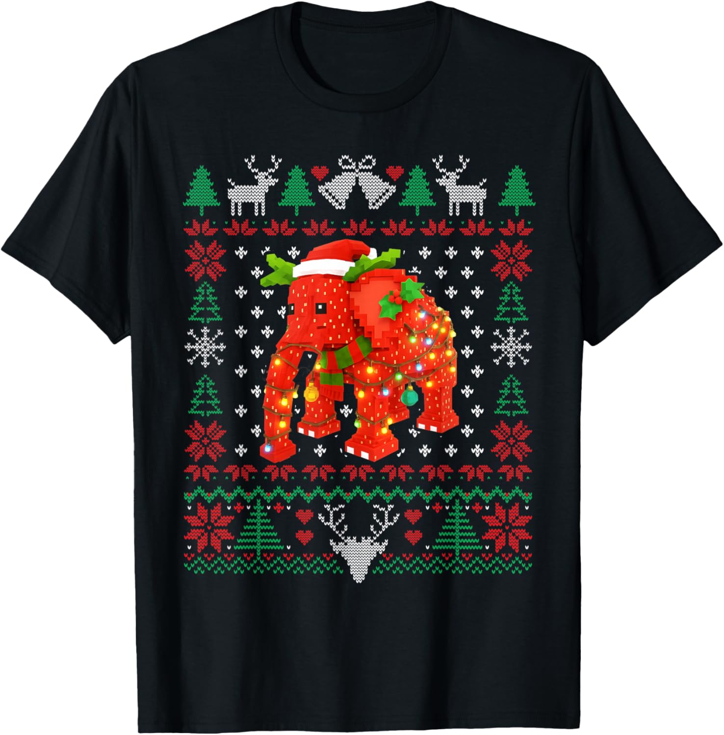 Funny Strawberry Elephant Brainrot Christmas Ugly Sweater T-Shirt - T-Shirt | Black