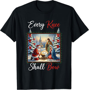 Every Knee Shall Bow Santa Christmas Nativity Scene Xmas T-Shirt - T-Shirt | Black