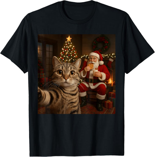 Funny Cat Selfie Santa Claus Eating Cookies Christmas Meme T-Shirt - T-Shirt | Black