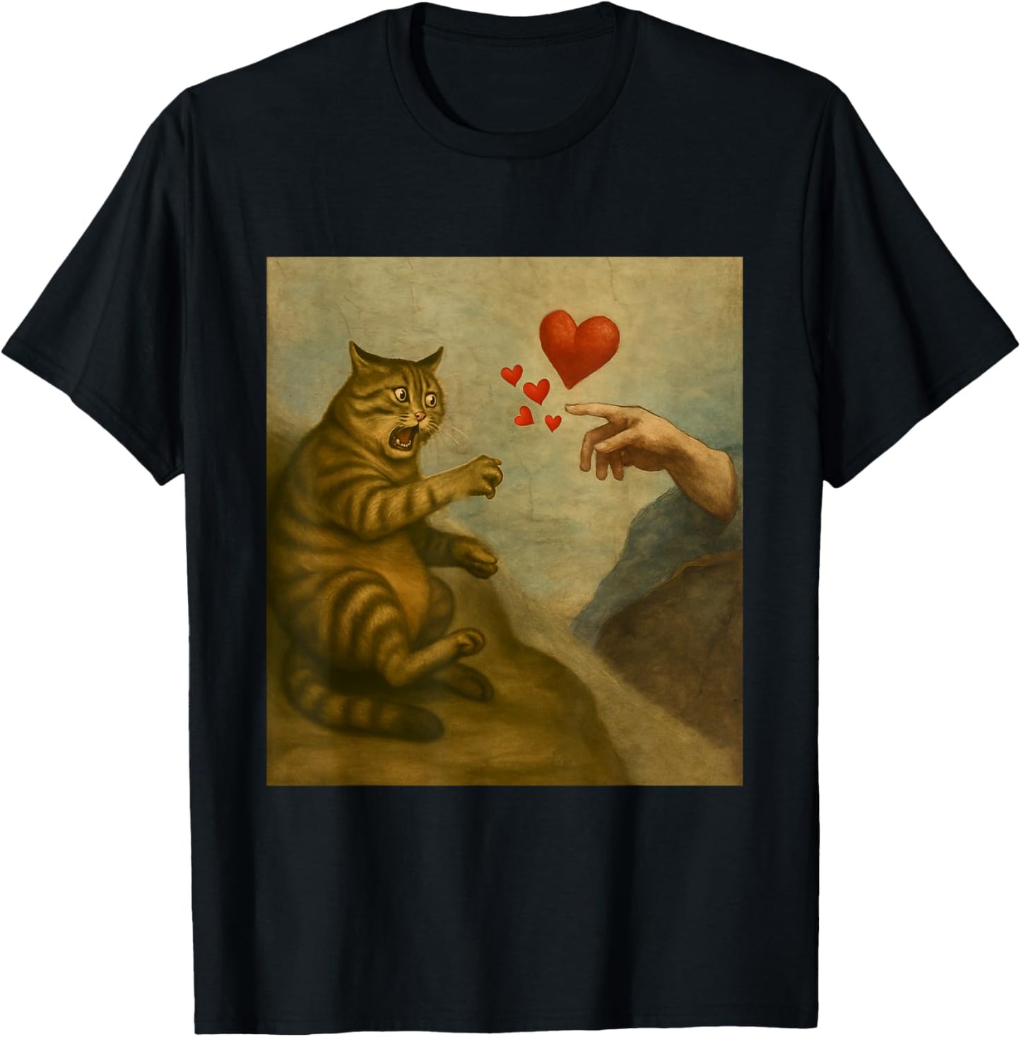 Cat Swatting God's Hand with Hearts Parody Cats T-Shirt - T-Shirt | Black