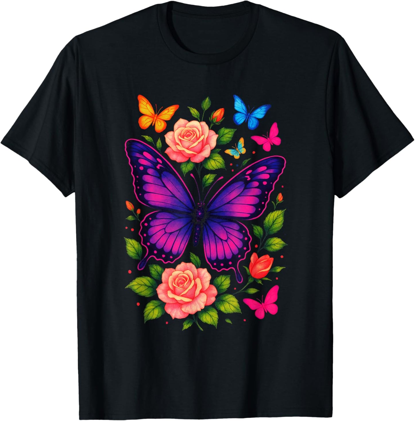 Purple Butterfly Rose - Butterfly Nature Art T-Shirt - T-Shirt | Black