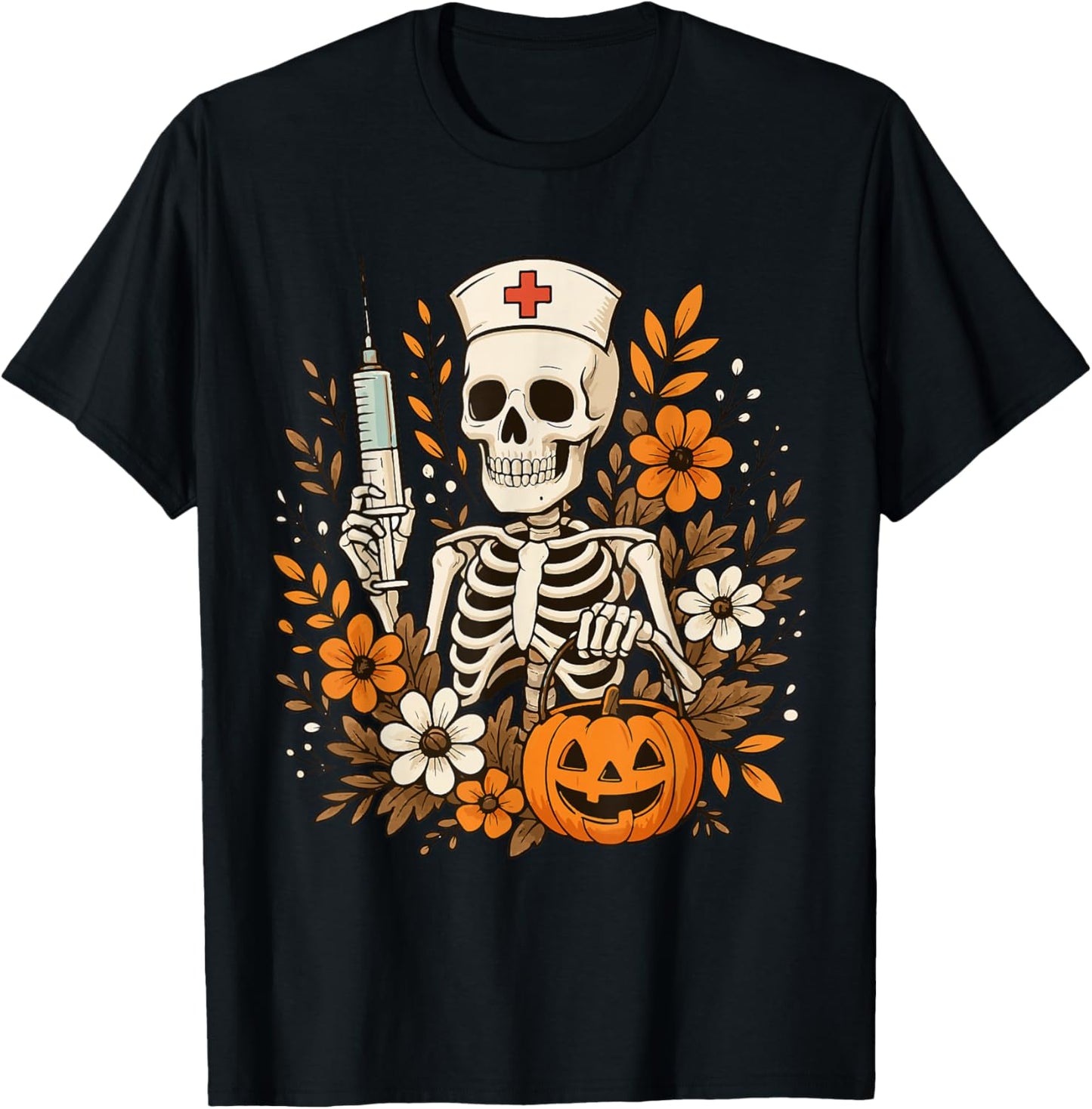 Nurse Skeleton Pumpkin Halloween Autumn Nurse Halloween T-Shirt - T-Shirt | Black