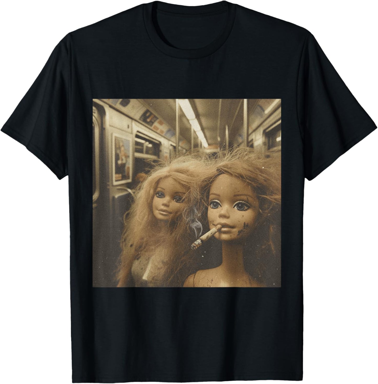 Distressed Doll Smoking Funny Doll Face Meme T-Shirt - T-Shirt | Black