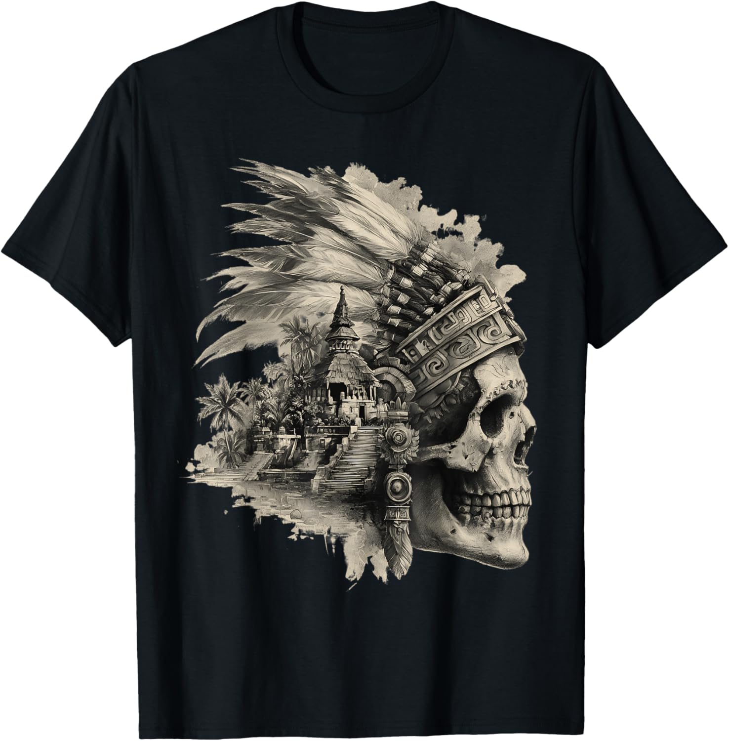 Feathered Aztec Skull Maya Mexican Mayan Indigenous Azteca T-Shirt - T-Shirt | Black