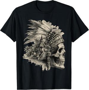 Feathered Aztec Skull Maya Mexican Mayan Indigenous Azteca T-Shirt - T-Shirt | Black