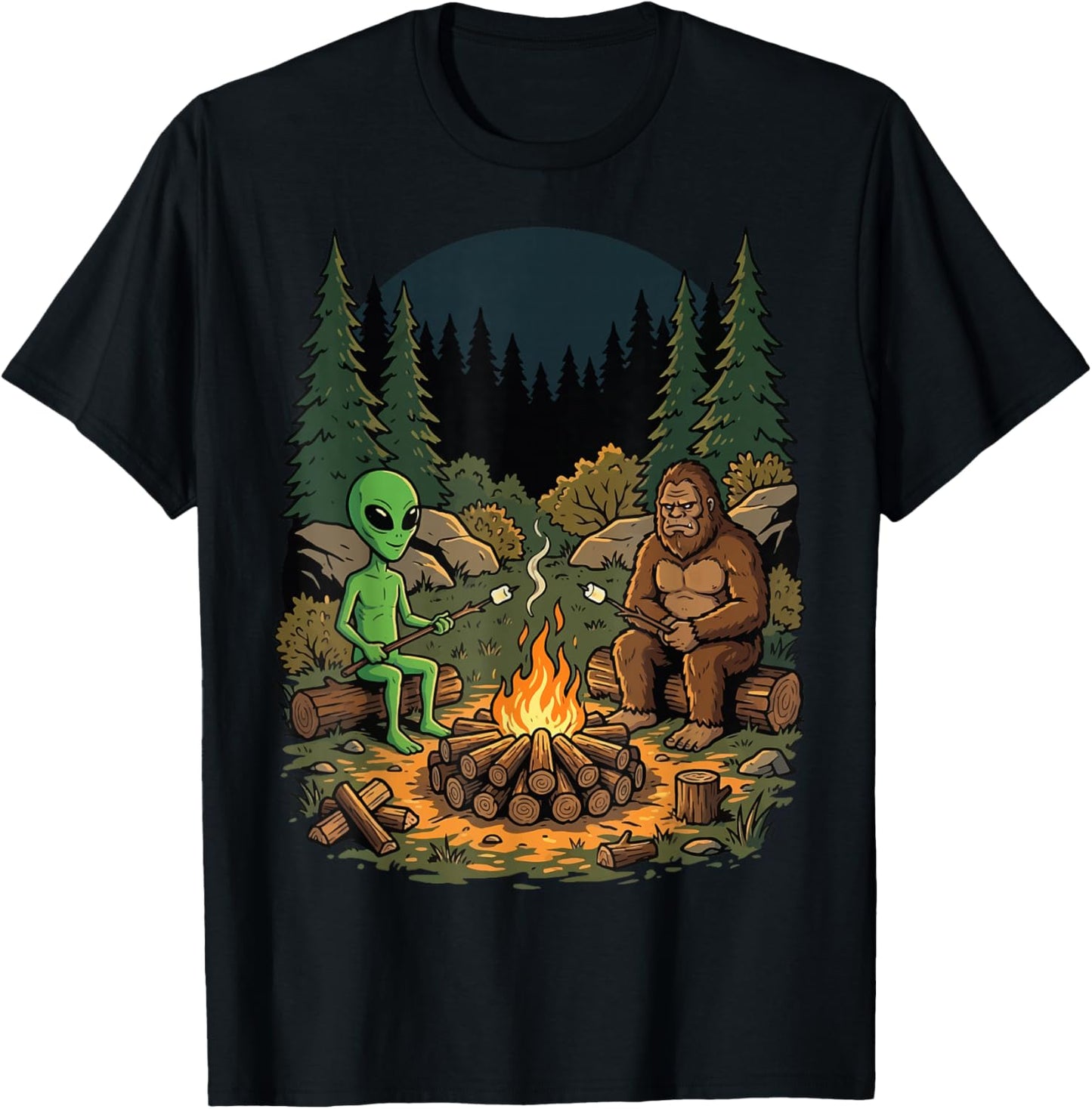 Bigfoot Alien Campfire Camping T-Shirt - T-Shirt | Black