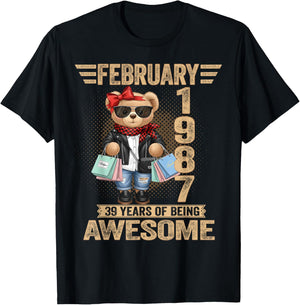 39 Year Old February 1987 Teddy Bear 39th Birthday Women T-Shirt - T-Shirt | Black