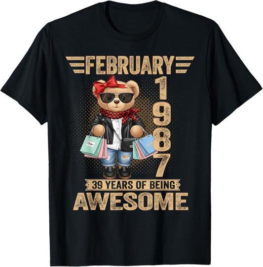39 Year Old February 1987 Teddy Bear 39th Birthday Women T-Shirt - T-Shirt | Black