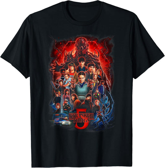 Stranger Things Season 5 Complete Cast Heros Villans Poster T-Shirt - T-Shirt | Black