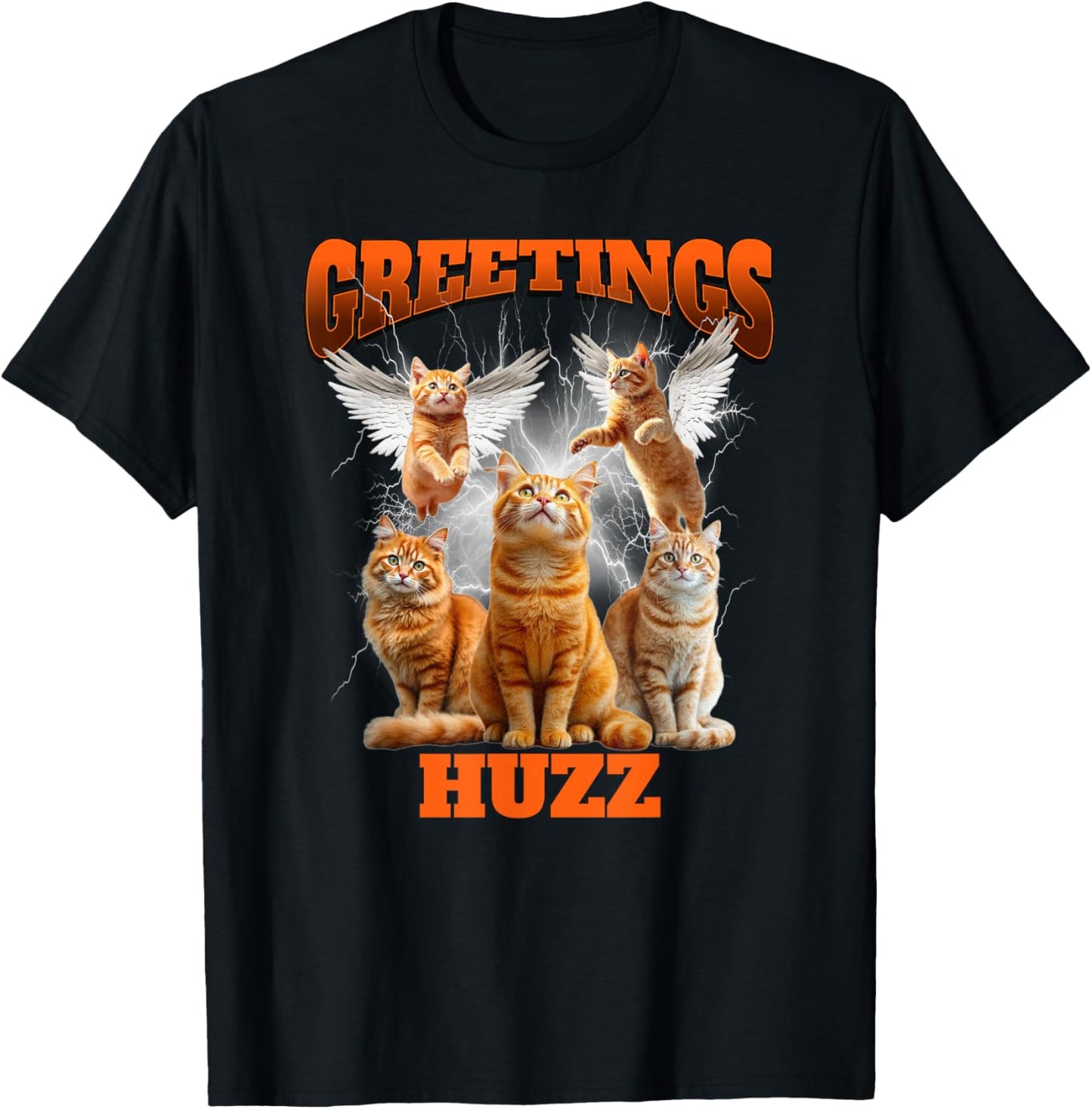 Greetings Huzz Bootleg Cat Meme Graphic Retro Y2K Aesthetic T-Shirt - T-Shirt | Black