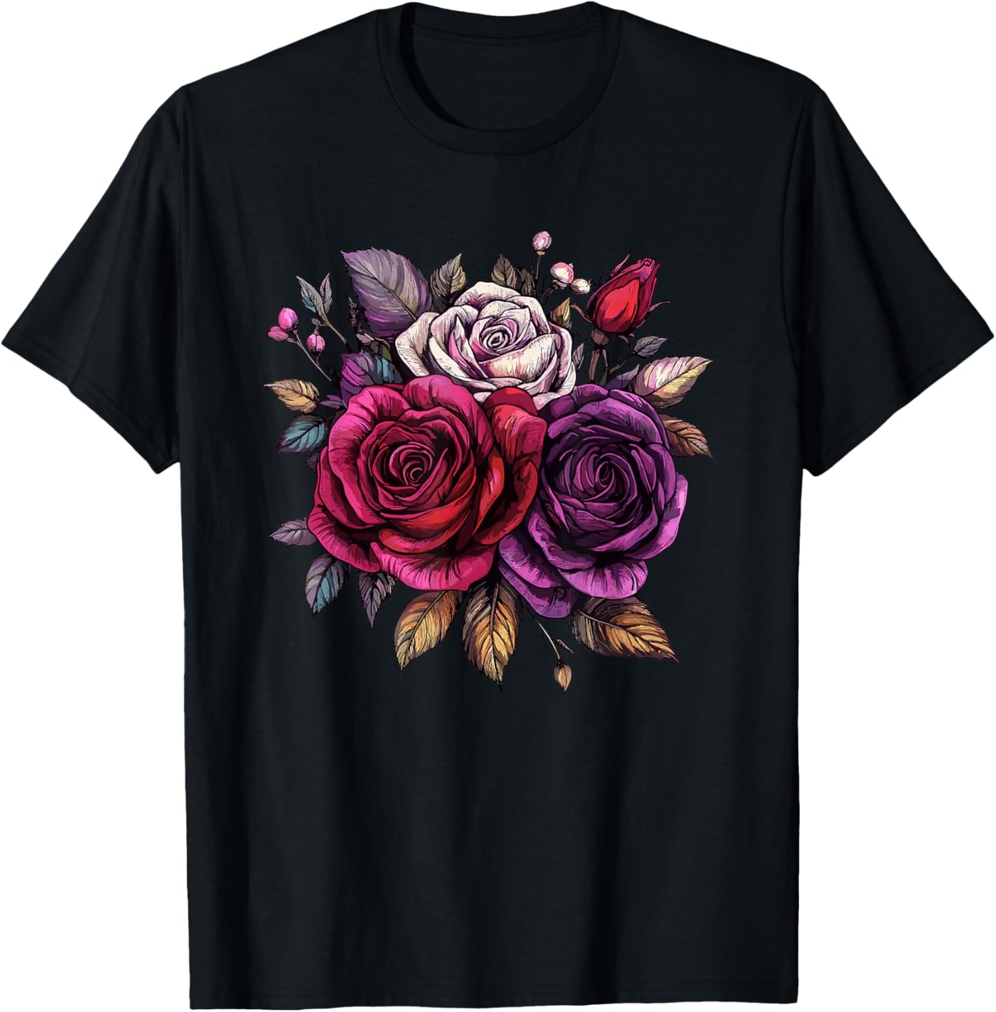 Red Purple White Rose Bouquet Vintage Floral Arrangement T-Shirt - T-Shirt | Black
