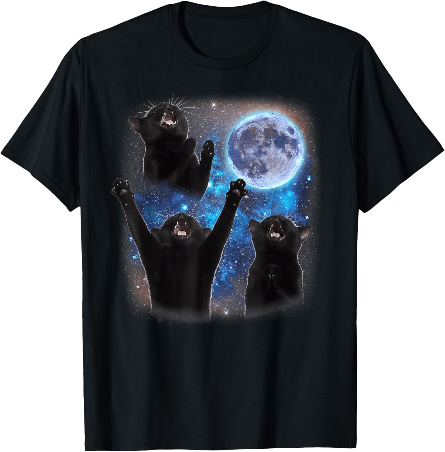 Three Cats Howling at The Moon Weird Meme Tuxedo Cat T-Shirt - T-Shirt | Black