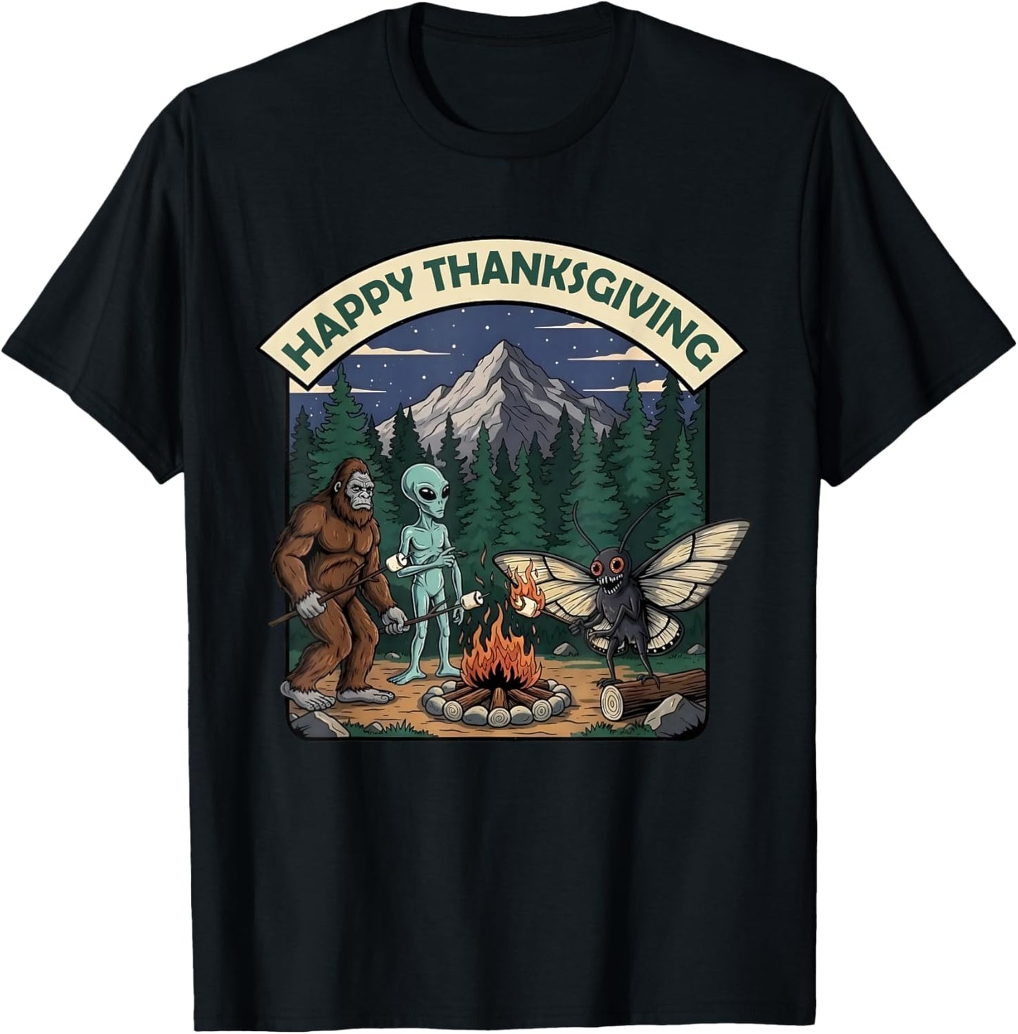 Happy Thanksgiving Shirt Men Bigfoot Alien Mothman Sasquatch T-Shirt - T-Shirt | Black