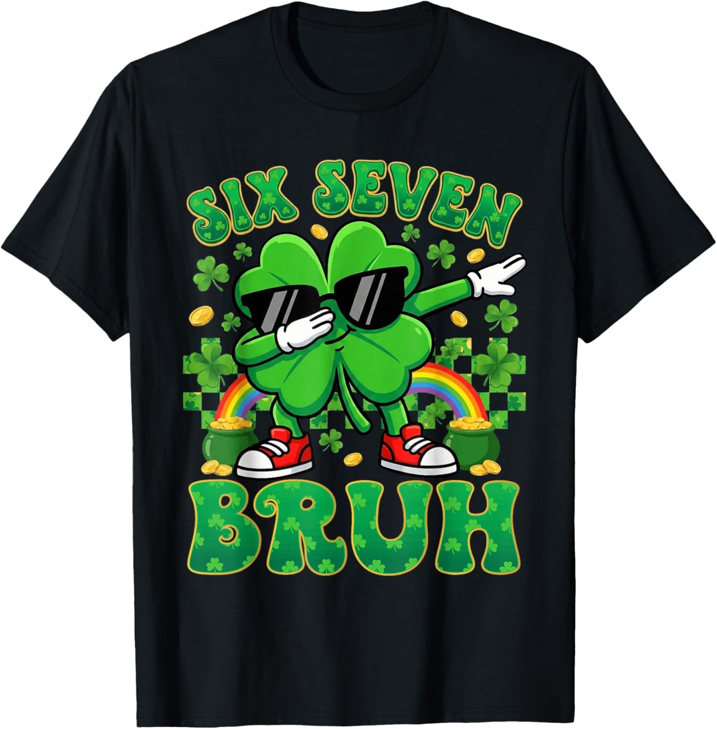 67 St Patricks Day Boys Kids Dabbing Shamrock Six Seven Bruh T-Shirt - T-Shirt | Black