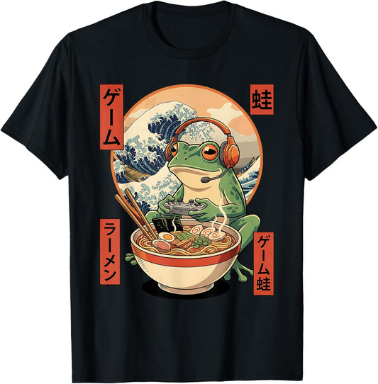Funny Frog Gamer Eating Ramen Japanese Kawaii Anime Meme T-Shirt - T-Shirt | Black