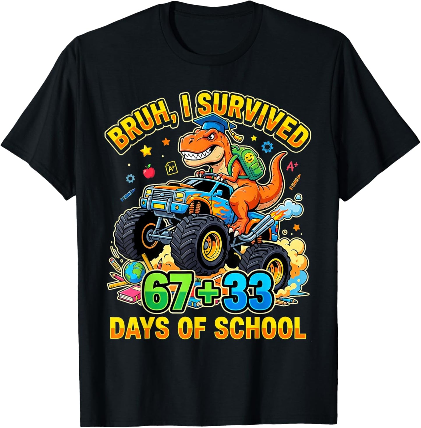 Bruh Its My 67 33 Days of School Dinosaur Youth Kid Boy Girl T-Shirt - T-Shirt | Black