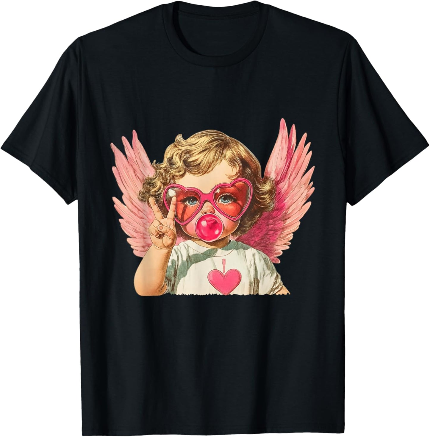 Vintage Cupid Blowing Bubble Gum Heart Sunglasses Valentines T-Shirt - T-Shirt | Black