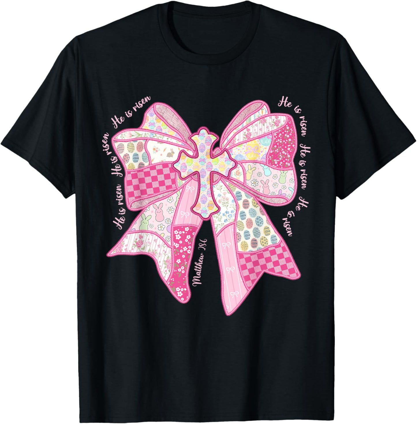 He is Risen Christian Cross Jesus Coquette Bow Bunny Easter T-Shirt - T-Shirt | Black