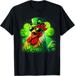Rooster St Patricks Day Lucky Shamrock Men Women T-Shirt - T-Shirt | Black