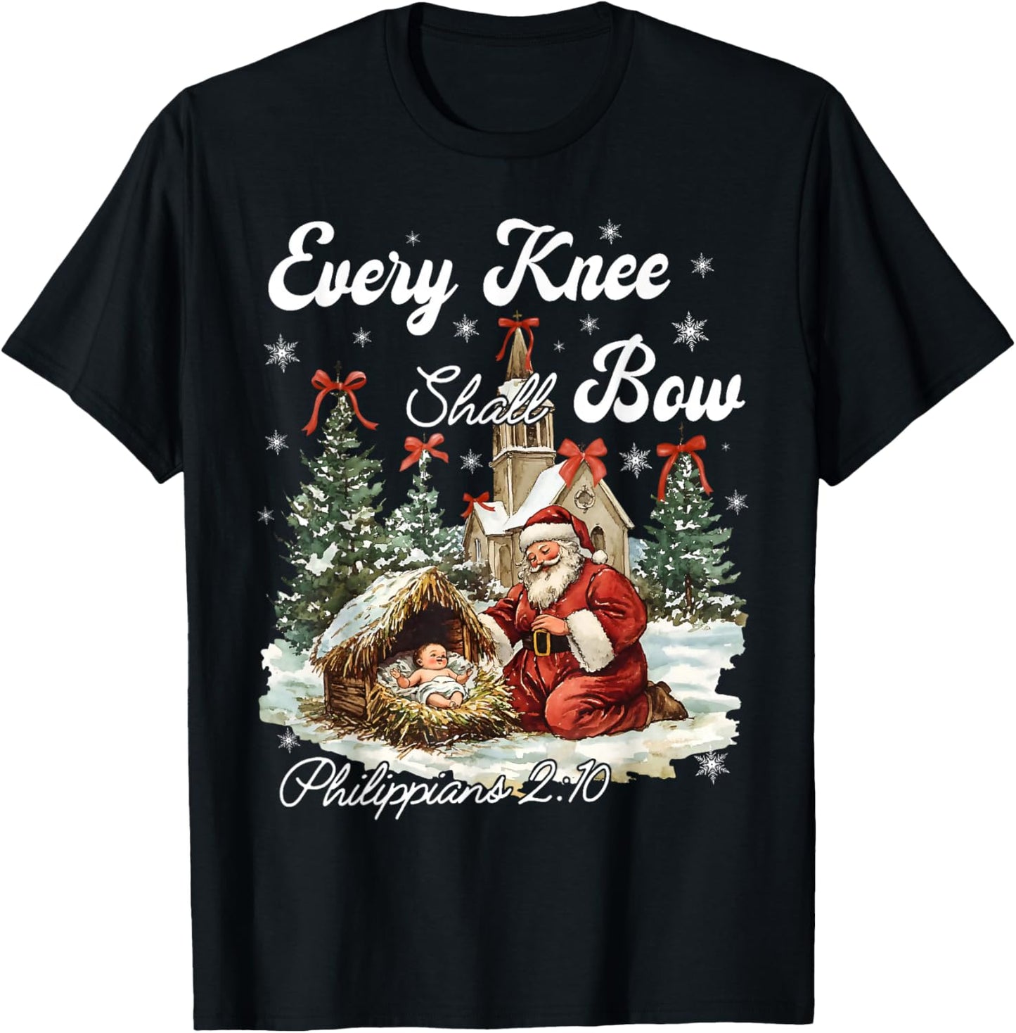 Every Knee Shall Bow Jesus Christian Christmas Santa Pajamas T-Shirt - T-Shirt | Black