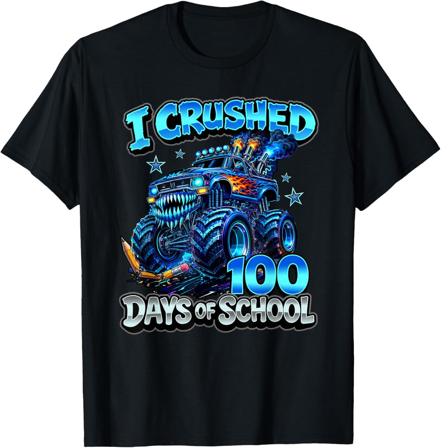 I Crushed 100 Days of School Blue Monster Truck Boys T-Shirt - T-Shirt | Black