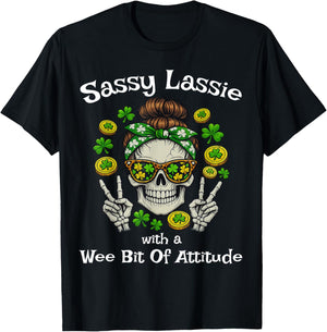 Sassy Lassie Skeleton Messy Bun Funny St Patrick Day T-Shirt - T-Shirt | Black