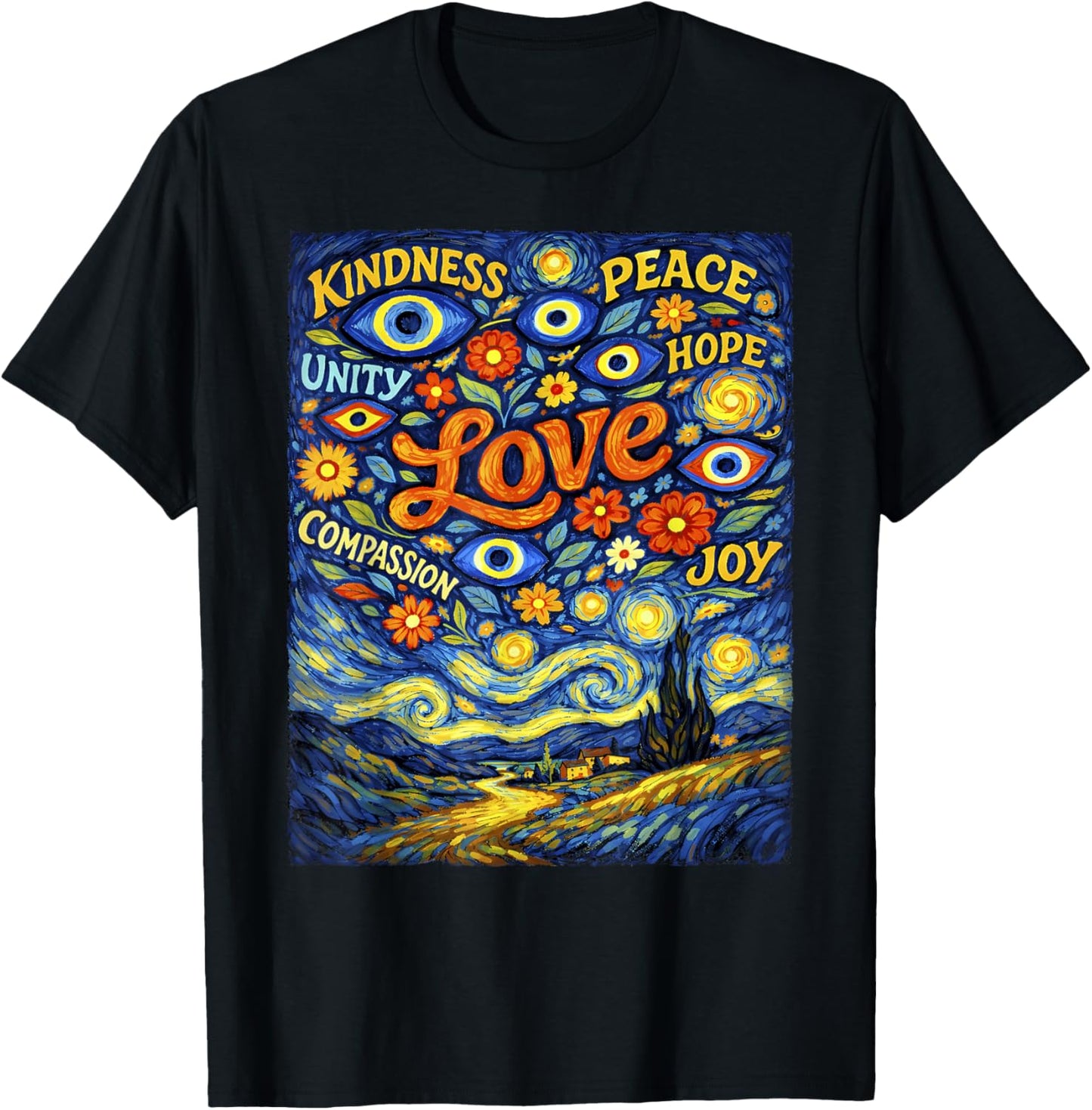 Peace Kindness Love Shirt Hope Evil Eye Van Gogh Graphic T-Shirt - T-Shirt | Black