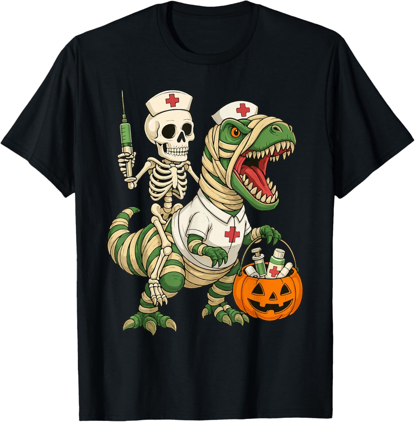 Nurse Skeleton Riding Mummy Dinosaur T rex Halloween Nurse T-Shirt - T-Shirt | Black