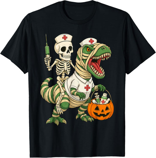 Nurse Skeleton Riding Mummy Dinosaur T rex Halloween Nurse T-Shirt - T-Shirt | Black