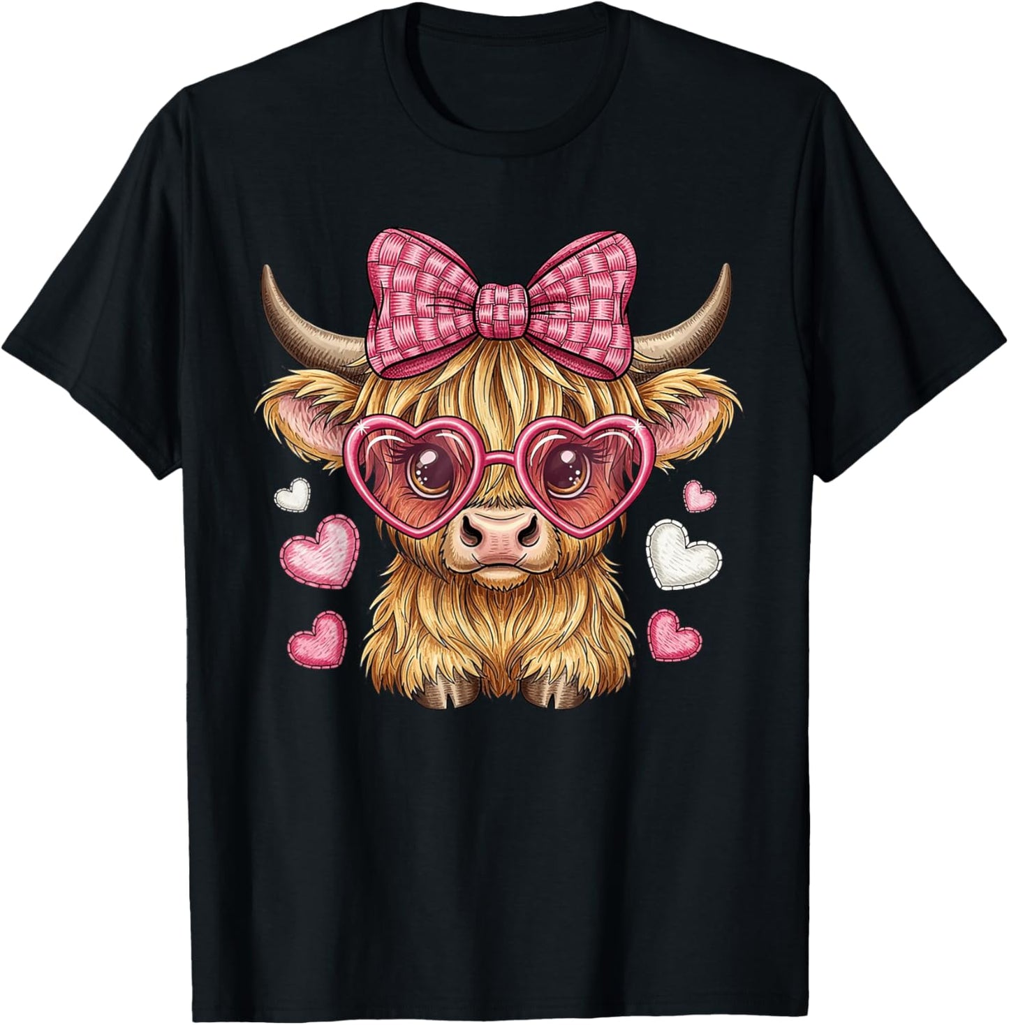 Cute Highland Cow Valentine with Heart Glasses T-Shirt - T-Shirt | Black