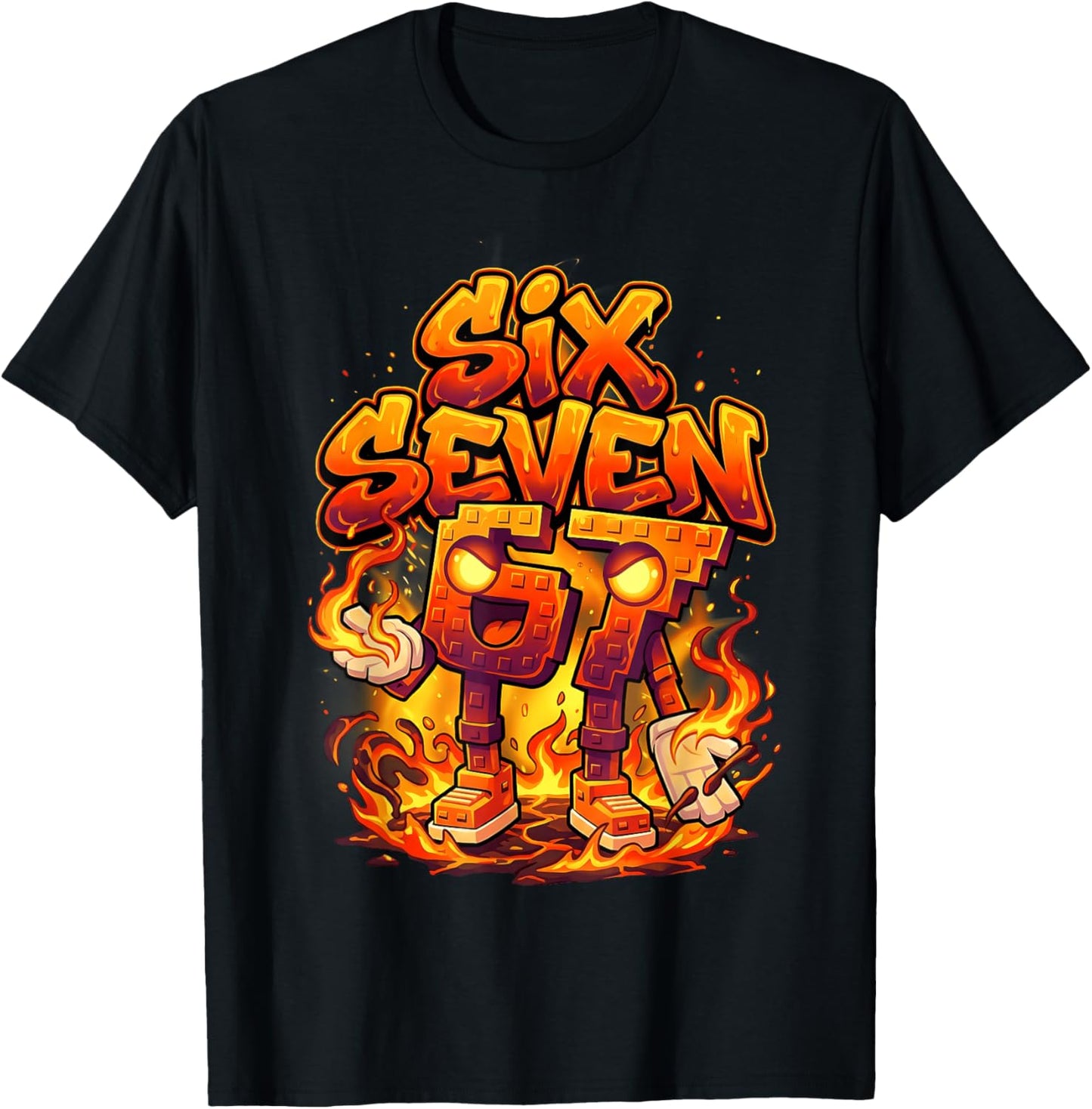 Six Seven 67 Fire Flames 6 7 Brainrot Meme Boy Kid Youth 6-7 T-Shirt - T-Shirt | Black