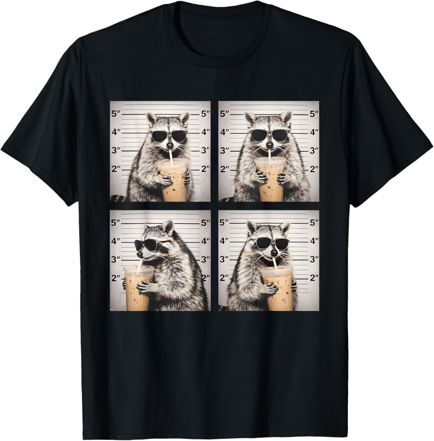 Raccoon Drinking Iced Coffee Funny Mugshot Animal Meme Cool T-Shirt - T-Shirt | Black