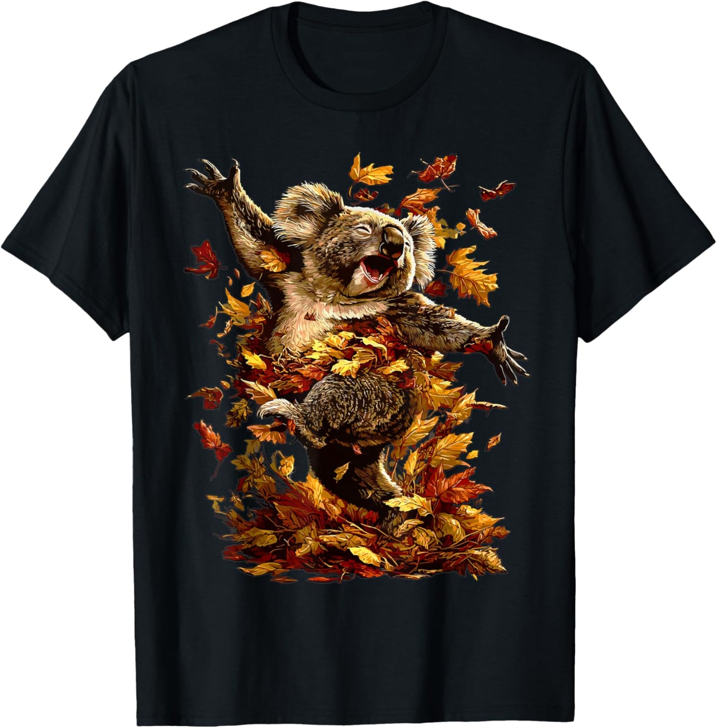 Cute Koala with Fall Leaves Forest Animal Autumn Aesthetic T-Shirt - T-Shirt | Black