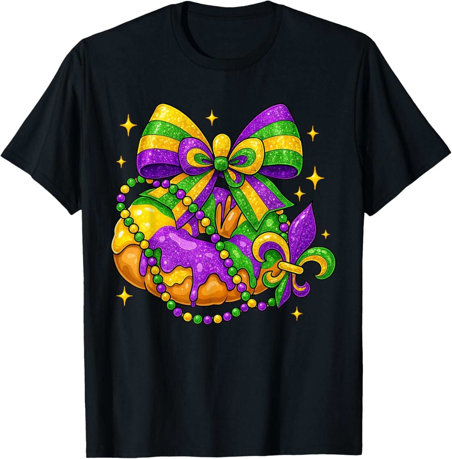 Mardi Gras King Cake Season Coquette Bow Fleur De Lis T-Shirt - T-Shirt | Black